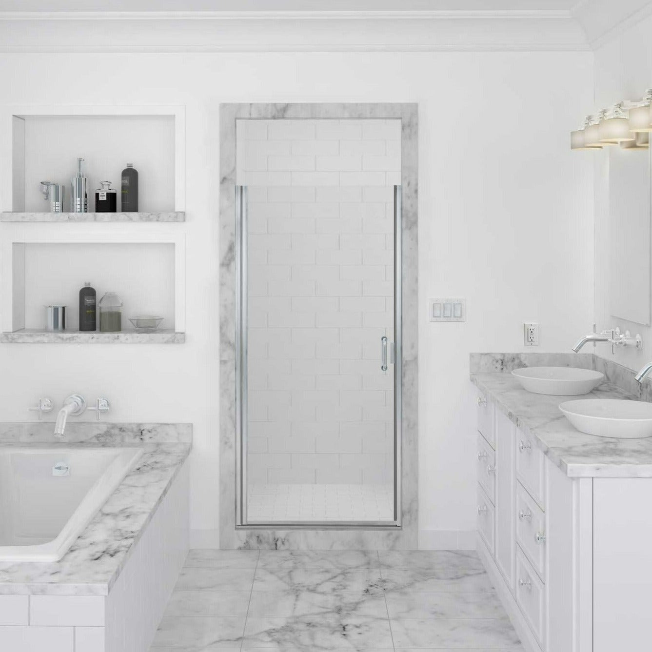 Distinctive 1/4" Semi- Frameless Swing Shower Door | Holcam Shower Door | Shower Doors & Enclosures |
Low Profile Magnetic Catch
Choice of Four 6″ Pulls
Clear-Poly Sweep w/ Deflector
Expands 15/16-in